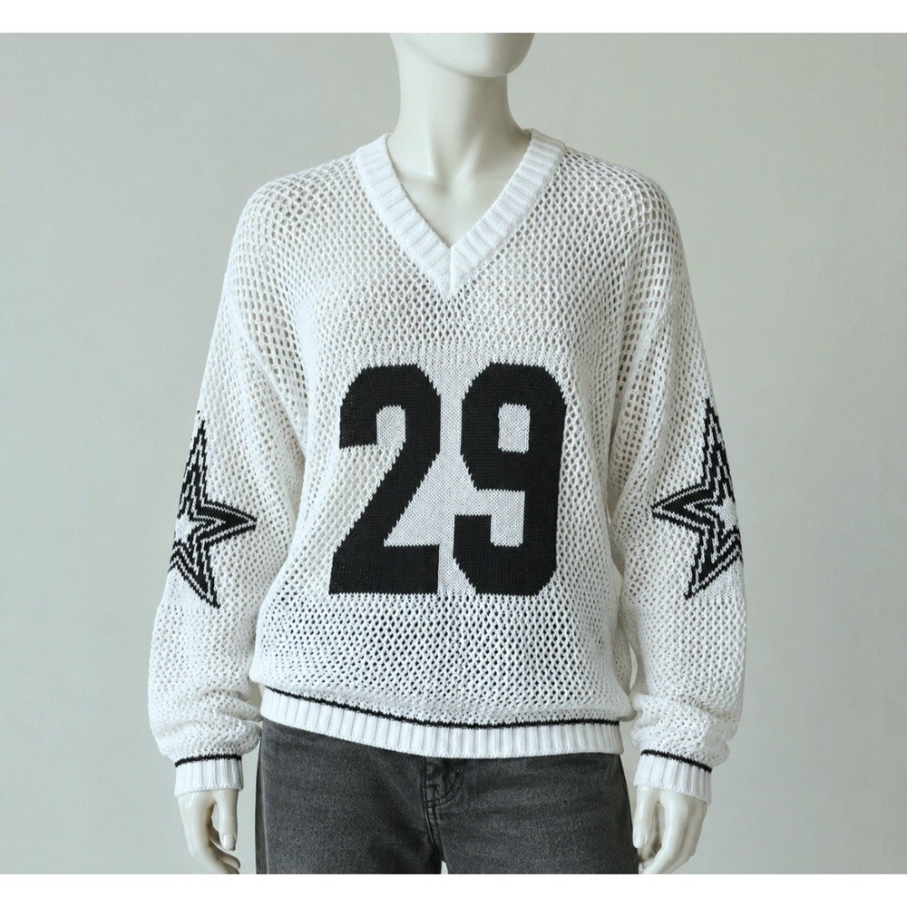 White Mesh Knit Boston 29 Star Graphic V-Neck Sweater Streetwear Top Womens S